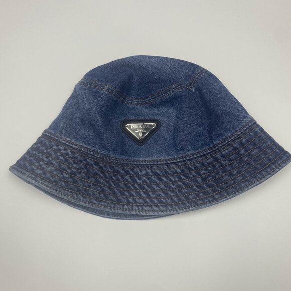 Prada Accessories - PRADA Denim Logo Bucket Triangle Logo Hat - Light Blue